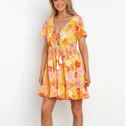 Dress New Arrival A- line Short Sleeve Dress Flower Print - L & M Kee, LLC