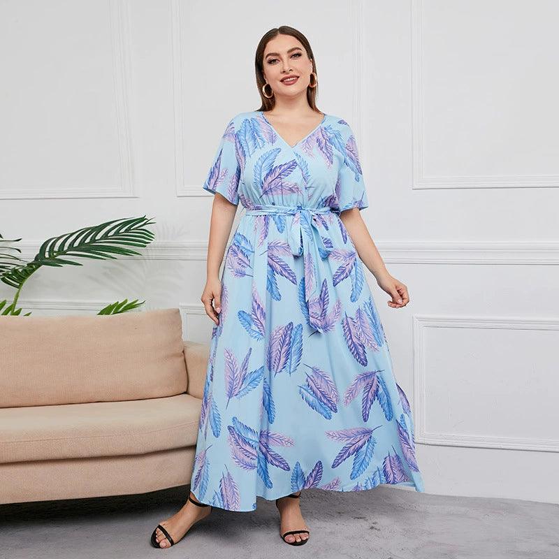 Deep V Neck Feather Print Plus Size Long Dress - L & M Kee, LLC