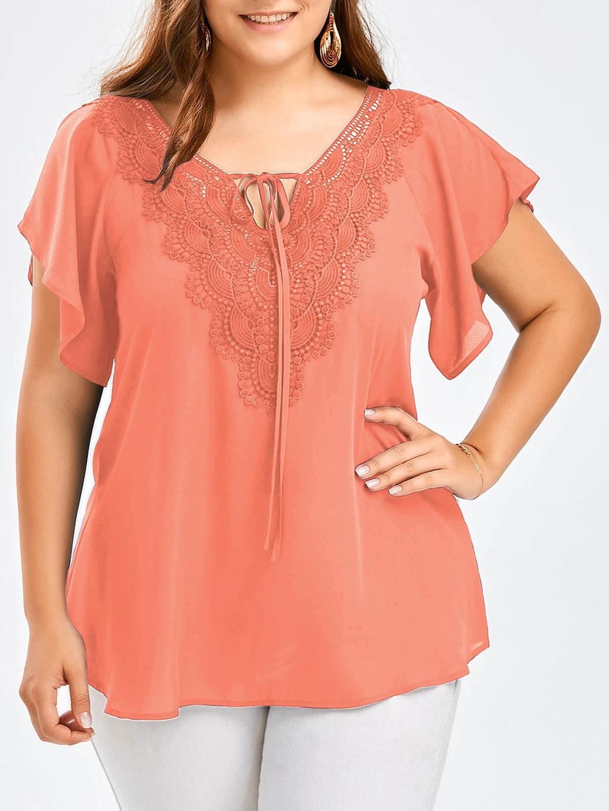 Women's European and American-Style Large-Size Panel Short-Sleeve Lace - L & M Kee, LLC