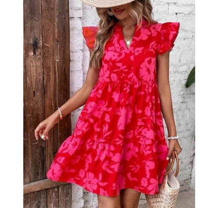 Fashion AliExpress Summer New Arrival Short Refreshing Stylish V Neck Print Flying Sleeves Dress Short Skirt Dress - L & M Kee, LLC