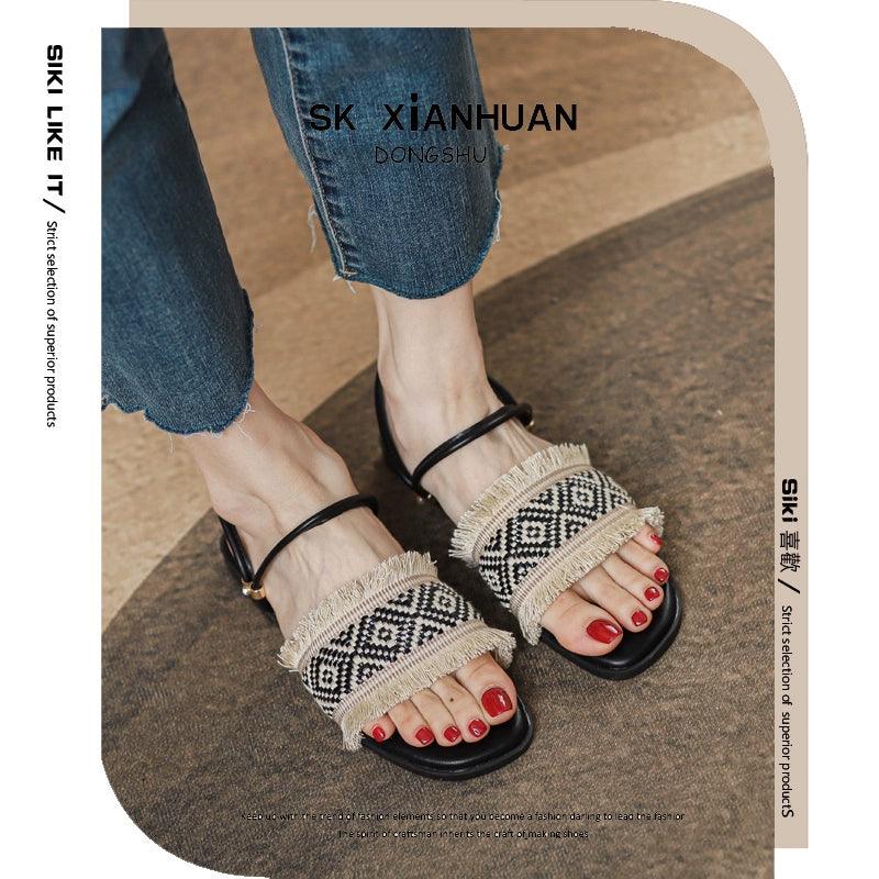 Two-Way Flats Slippers Fairy Outer Wear plus Size 41-43 Sandals Bohemian Beach Beach Sandals - L & M Kee, LLC