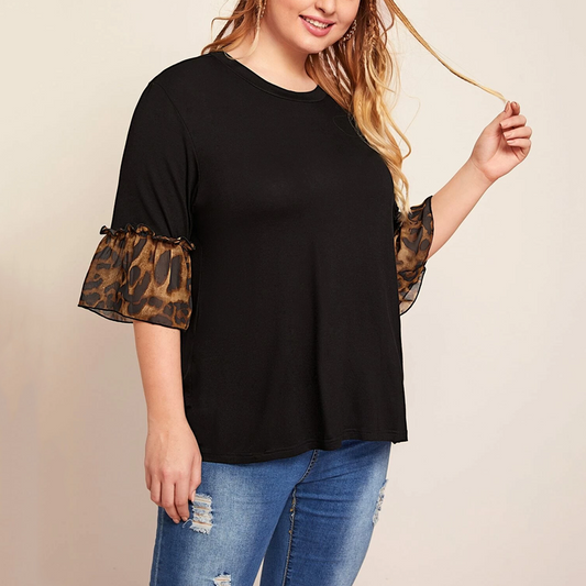 Chubby Girls plus Size Leopard Splicing Casual round Neck T-shirt