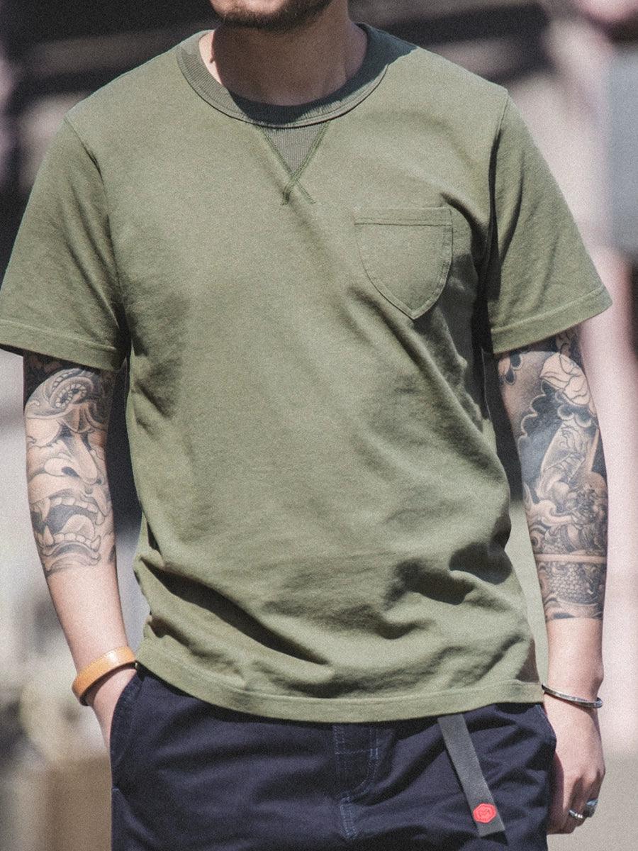 Retro Army Green T-shirt Minimalist round Neck Pocket Short Sleeve Amekaji Solid Color T-shirt Men - L & M Kee, LLC