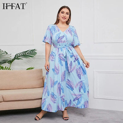 Deep V Neck Feather Print Plus Size Long Dress - L & M Kee, LLC