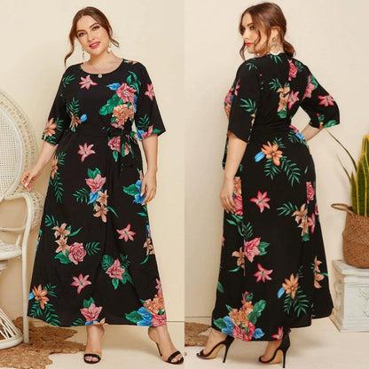 Plus Size Women Flower Printed Dress - L & M Kee, LLC