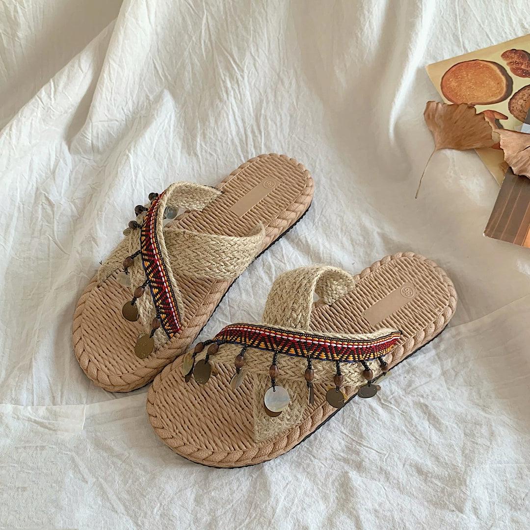 INS Handmade Thai Style Woven Beach Slippers Women's Summer Outdoor 2024 New Vacation Ethnic Style Sandals - L & M Kee, LLC