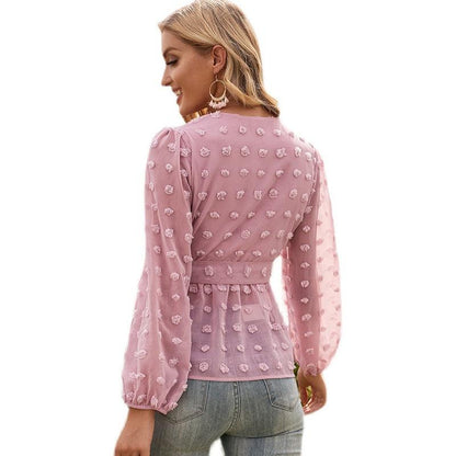 Swiss Dot Lace-up Long Sleeve Top
