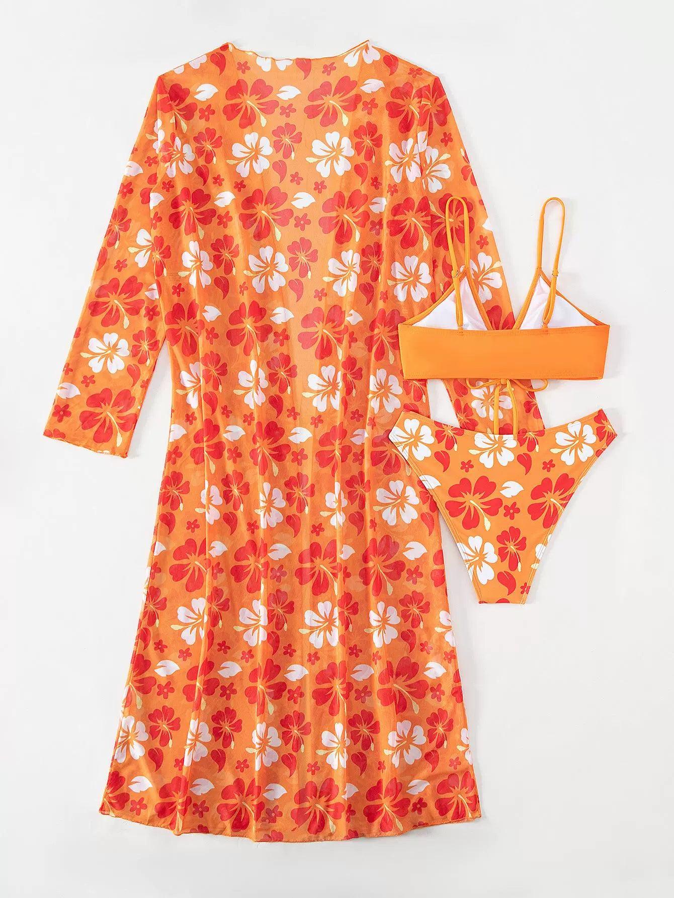 Fashion Lace Printing Smock Three-Piece Sexy Bikini Swimsuit Women's Three-Piece Swimsuit - L & M Kee, LLC