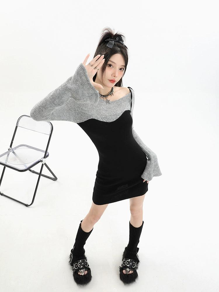 Sweet and Spicy Wind Black Bodycon Dress Fake Two-Piece Suit Sweater