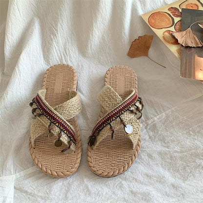 INS Handmade Thai Style Woven Beach Slippers Women's Summer Outdoor 2024 New Vacation Ethnic Style Sandals - L & M Kee, LLC