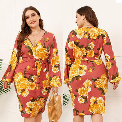 Plus Size Women Summer Loose V-neck Print Party Dinner Dress - L & M Kee, LLC