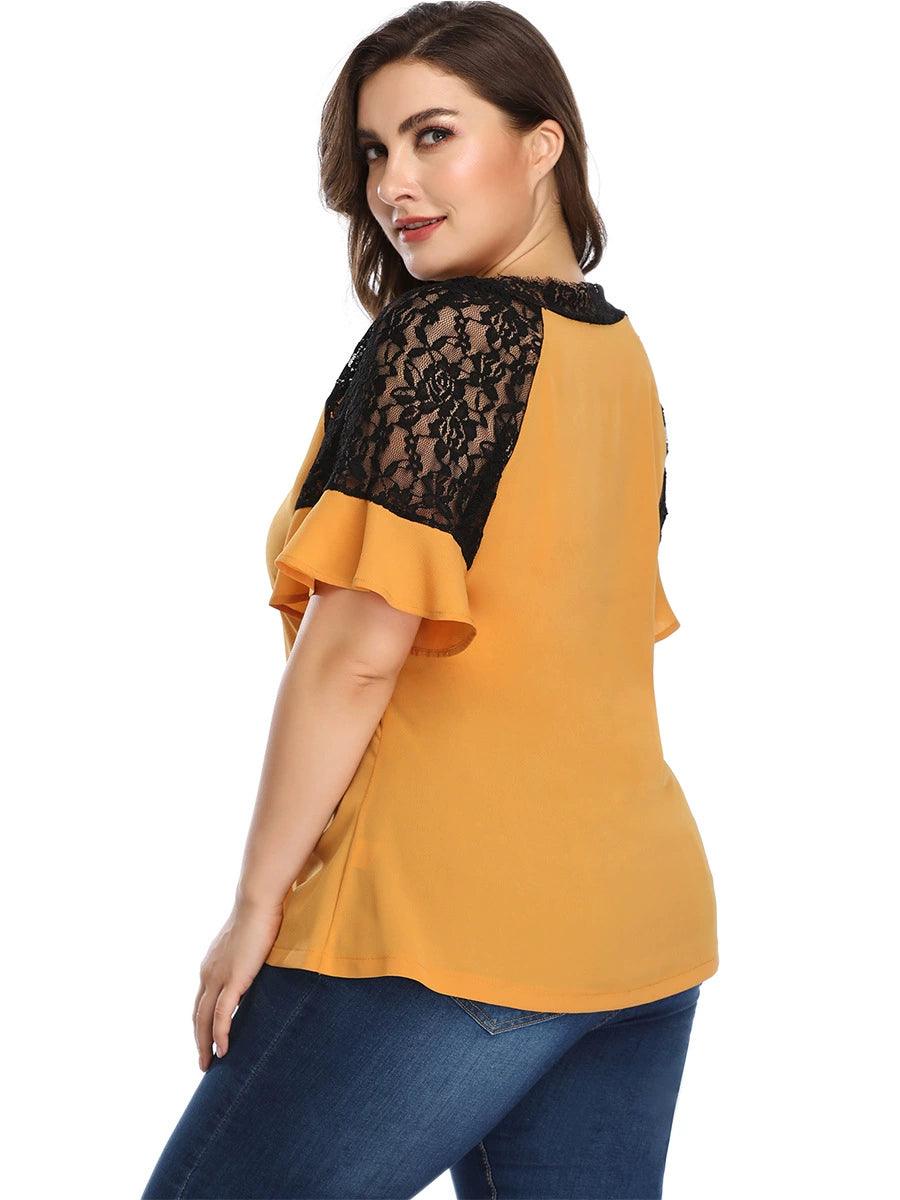 European and American plus Size Women's Clothes Contrast Color V-neck Lace Stitching Coat Cross-Border Amazon AliExpress Export