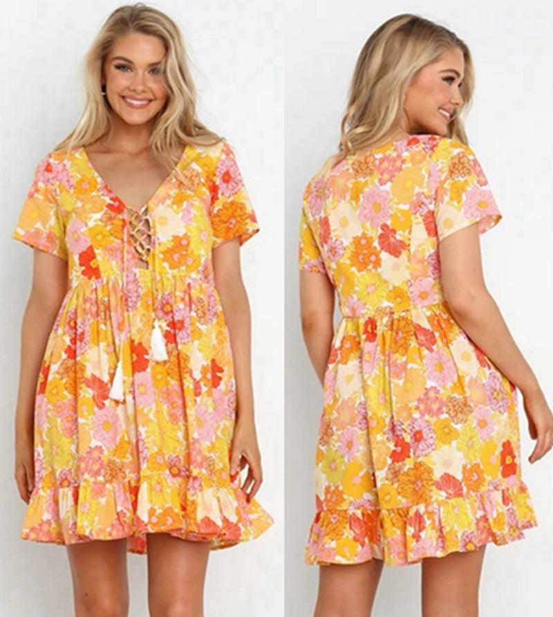 Dress New Arrival A- line Short Sleeve Dress Flower Print - L & M Kee, LLC