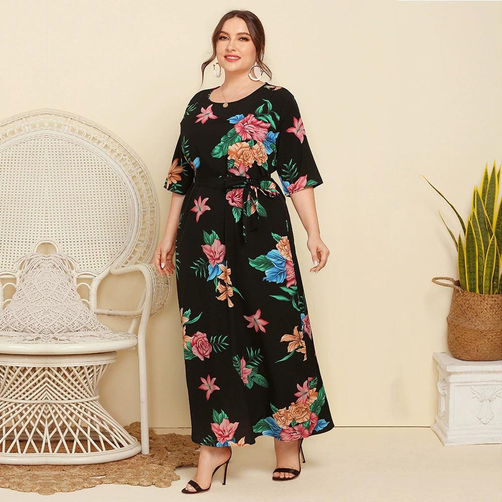 Plus Size Women Flower Printed Dress - L & M Kee, LLC