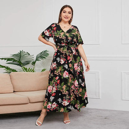 Deep V Neck Feather Print Plus Size Long Dress - L & M Kee, LLC