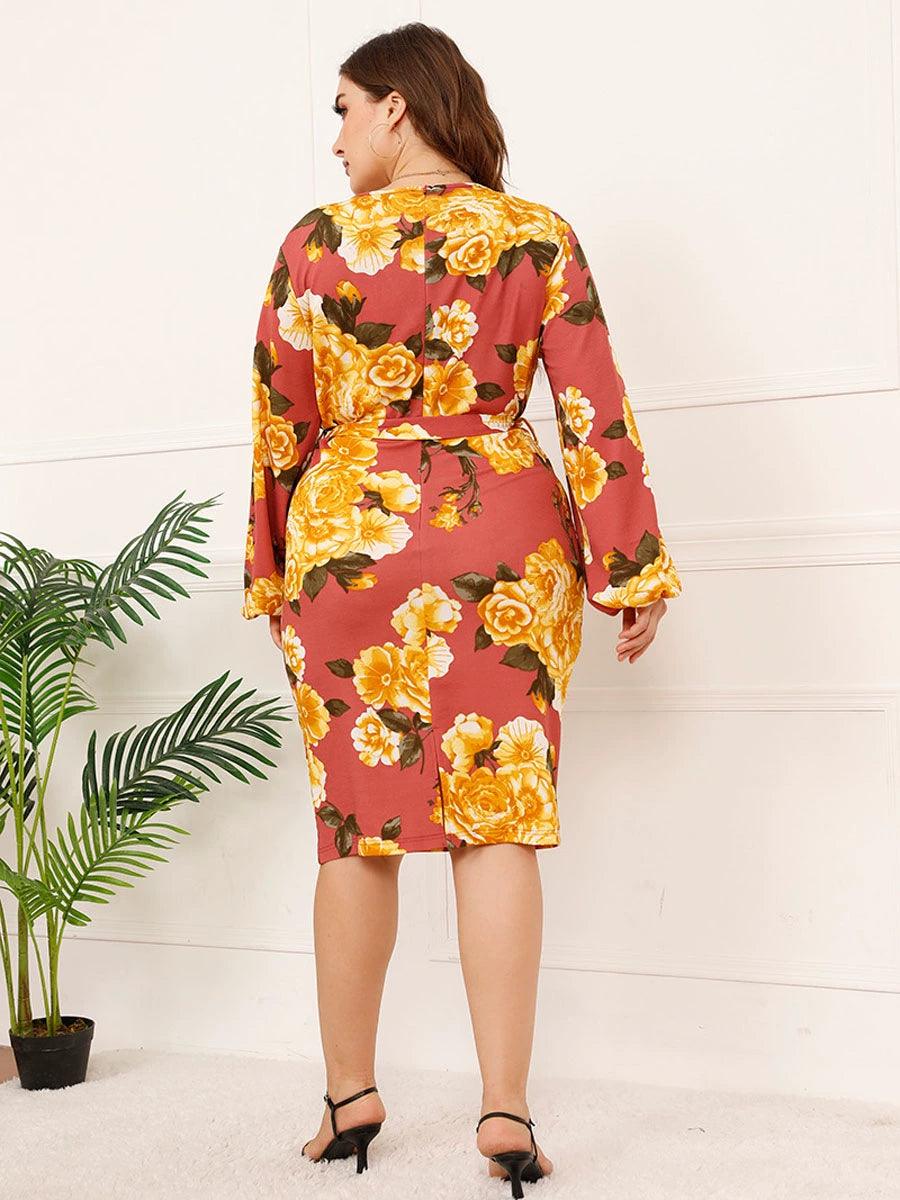 Plus Size Women Summer Loose V-neck Print Party Dinner Dress - L & M Kee, LLC