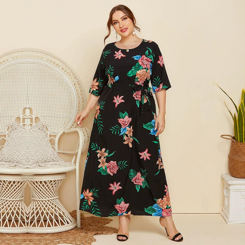 Plus Size Women Flower Printed Dress - L & M Kee, LLC