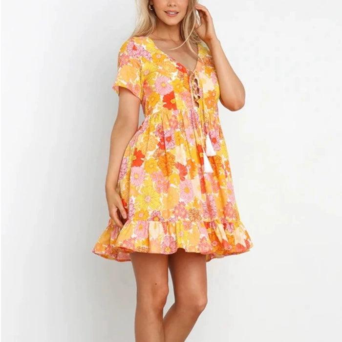 Dress New Arrival A- line Short Sleeve Dress Flower Print - L & M Kee, LLC