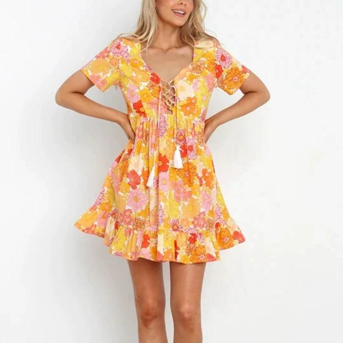 Dress New Arrival A- line Short Sleeve Dress Flower Print - L & M Kee, LLC