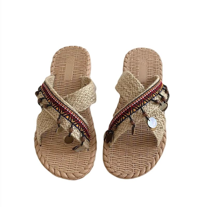 INS Handmade Thai Style Woven Beach Slippers Women's Summer Outdoor 2024 New Vacation Ethnic Style Sandals - L & M Kee, LLC