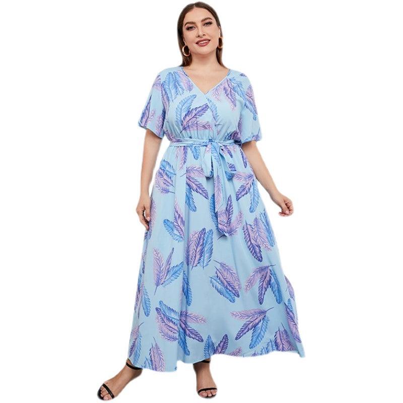 Deep V Neck Feather Print Plus Size Long Dress - L & M Kee, LLC