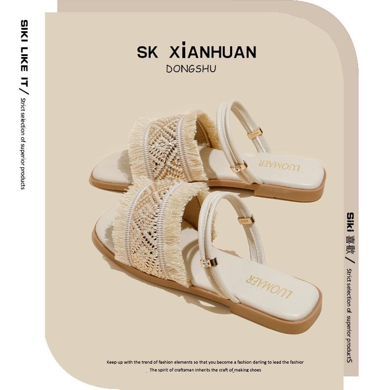 Two-Way Flats Slippers Fairy Outer Wear plus Size 41-43 Sandals Bohemian Beach Beach Sandals - L & M Kee, LLC