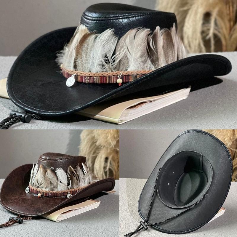 Feather Decor Faux Leather Hat - L & M Kee, LLC