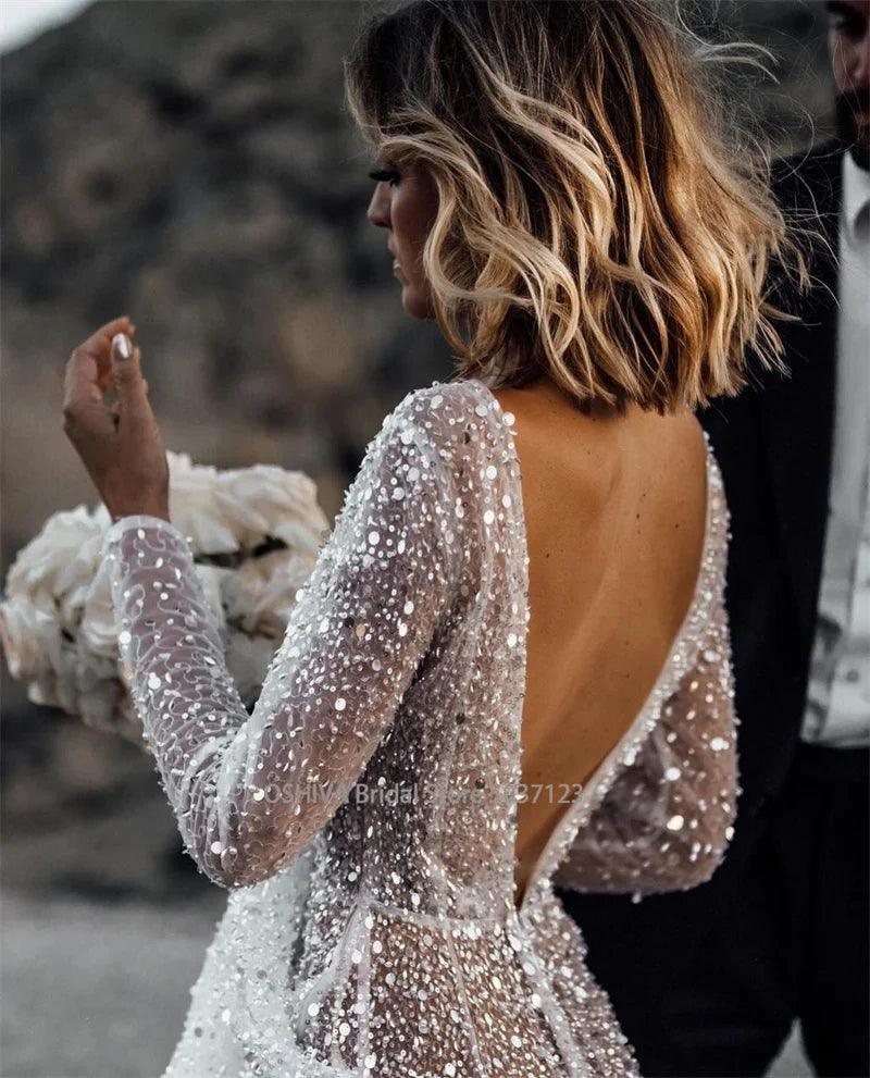 Sequin Backless Bridal Gown - L & M Kee, LLC