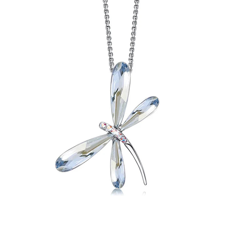 Cute Blue Purple Dragonfly Pendant Necklace Real Crystals From Austria Silver Color Chain Collars Luxury Jewelry For Girls Women