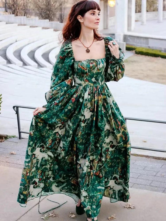 Gypsylady Vintage Boho Floral Printed Maxi Dress Green Ruffles Lace Tie Up Women Dresses Sexy Holiday Party Ladies Vestidos New - L & M Kee, LLC