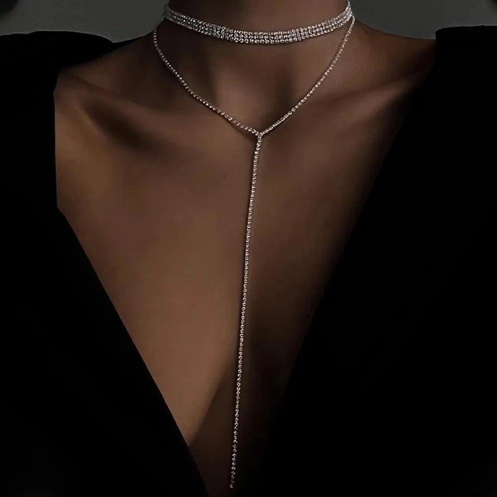 Simple Rhinestone Long Tassel Choker Necklace - L & M Kee, LLC