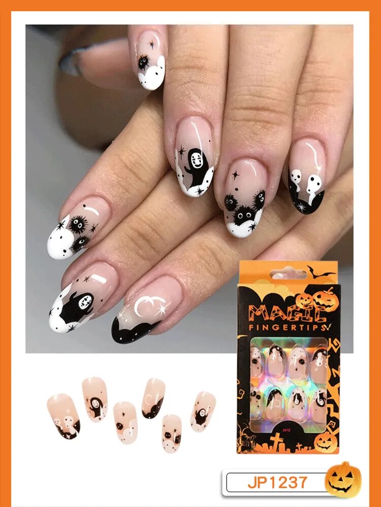 24Pcs Halloween Round Almond Collection Wearing Fake Nails Art Finished Press on Nail Tips Artificial Full Coverage False Nails-L & M Kee, LLC
