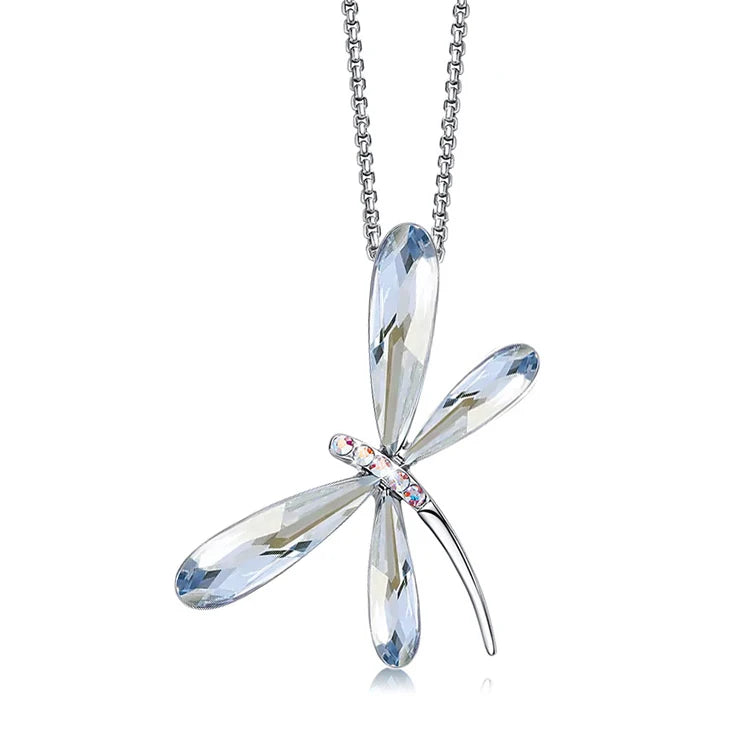 Cute Blue Purple Dragonfly Pendant Necklace Real Crystals From Austria Silver Color Chain Collars Luxury Jewelry For Girls Women