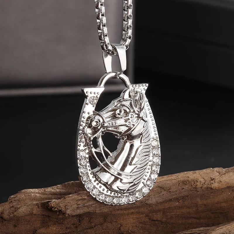 Hip Hop Ice Out Golden Horse Head Pendant Horseshoe Necklace for Men Personality Charm Fashion Rock Party Jewelry - L & M Kee, LLC