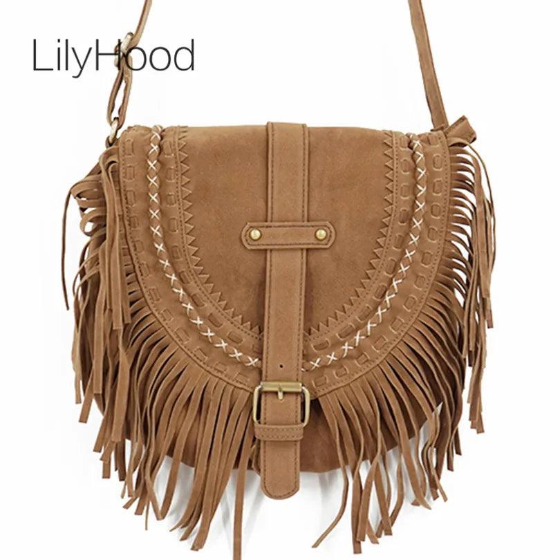 Fringed Messenger Bag Faux Suede Fringe Crossbody Bag - L & M Kee, LLC