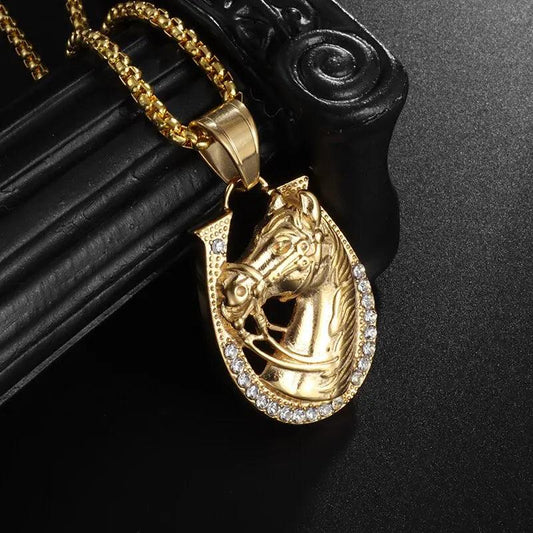 Hip Hop Ice Out Golden Horse Head Pendant Horseshoe Necklace for Men Personality Charm Fashion Rock Party Jewelry - L & M Kee, LLC