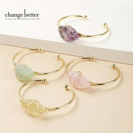 CHANGE BETTER Natural Rough Stone Pink Quartz Gold Plated Cuff Bracelet Women Wire Wrap Irregular Crystal Reiki Bangles Jewelry - L & M Kee, LLC