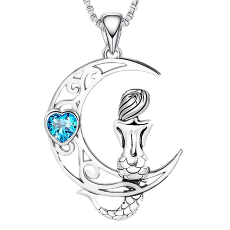 Fashion Women Moon Mermaid Necklace Luxury Jewelry Zircon Mermaid Princess Pendant Necklaces for Women Birthday Anniversary Gift - L & M Kee, LLC