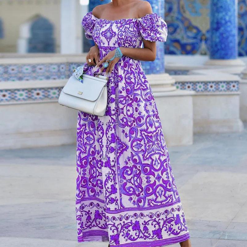 Summer Boho Print Long Dress For Women Fashion Puff Sleeve Slash Neck Off Shoulder Maxi Dresses 2024 Casual Holiday Beach Dress - L & M Kee, LLC