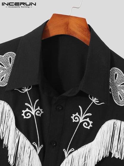 Embroidered Tassel Patchwork Lapel Long Sleeve Shirt