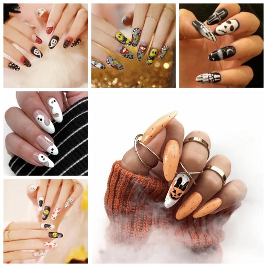 24Pcs Halloween Round Almond Collection Wearing Fake Nails Art Finished Press on Nail Tips Artificial Full Coverage False Nails - L & M Kee, LLC