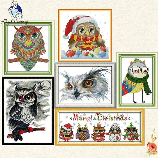 Joy Sunday Cute Owl Cross Stitch 11ct Printed Aida Fabric 14ct Counted Cross Canvas Embroidery DMC Floss Kit DIY Christmas gift