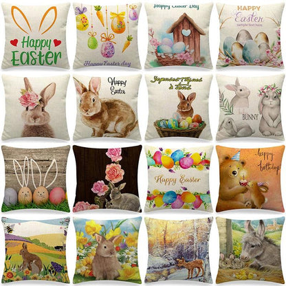 Spring Easter Decorative Cushion Cover 18x18in Pillow Covers Farmhouse Home Decor Cushion Case Eggs Bunny Linen Throw Pillowcase - L & M Kee, LLC