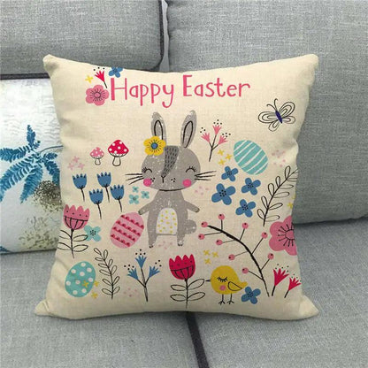 Spring Easter Decorative Cushion Cover 18x18in Pillow Covers Farmhouse Home Decor Cushion Case Eggs Bunny Linen Throw Pillowcase - L & M Kee, LLC