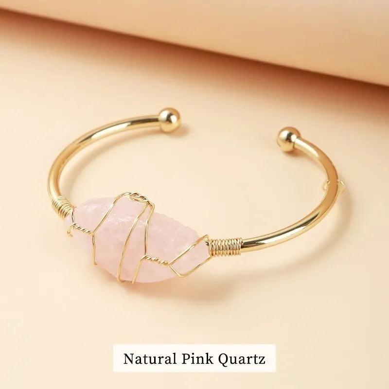 CHANGE BETTER Natural Rough Stone Pink Quartz Gold Plated Cuff Bracelet Women Wire Wrap Irregular Crystal Reiki Bangles Jewelry - L & M Kee, LLC