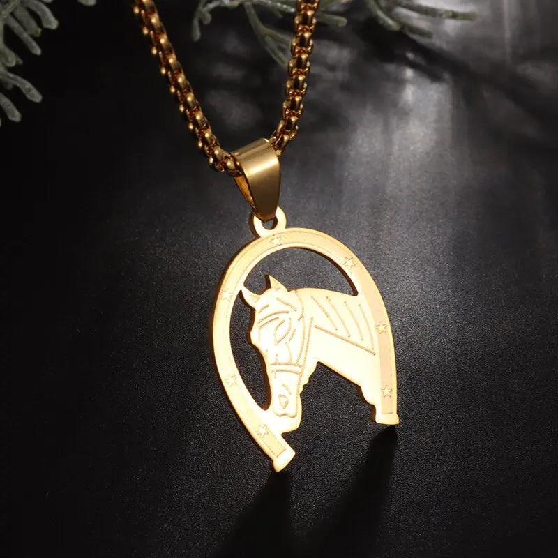 Hip Hop Ice Out Golden Horse Head Pendant Horseshoe Necklace for Men Personality Charm Fashion Rock Party Jewelry - L & M Kee, LLC