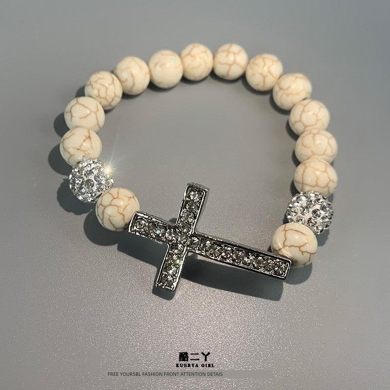 Diamond Cross Beaded Bracelet Special-Interest Design Turquoise Elastic Bracelet Peach Heart Pearl Watch Bracelet - L & M Kee, LLC