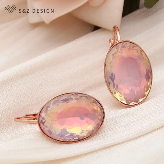 585 Rose Gold Color Big Oval Egg Shape Crystal Dangle Earrings-L & M Kee, LLC
