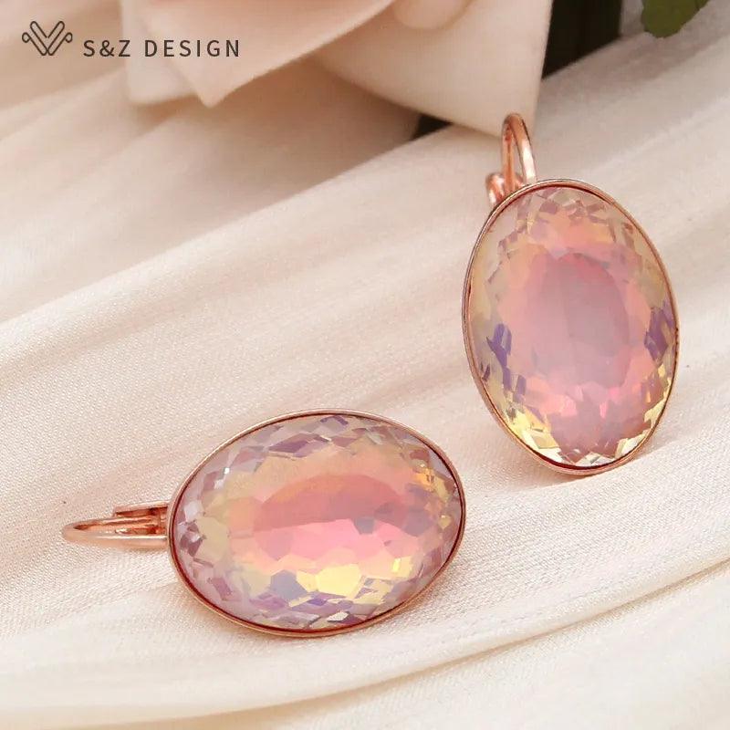 585 Rose Gold Color Big Oval Egg Shape Crystal Dangle Earrings - L & M Kee, LLC