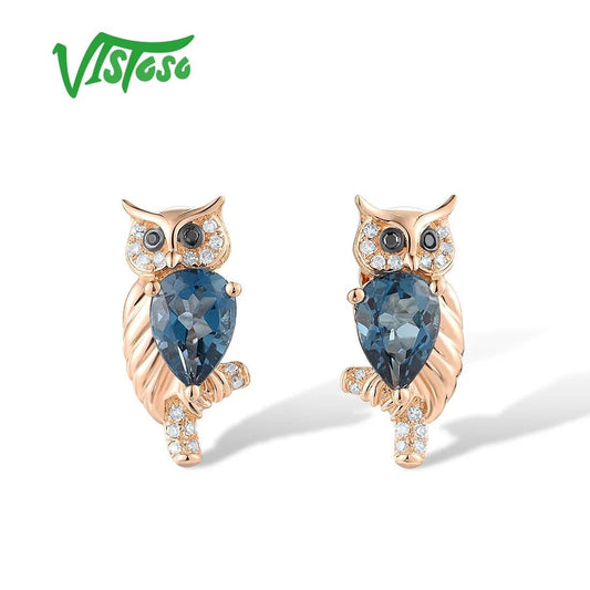 VISTOSO Genuine 14K 585 Rose Gold Earrings For Women White Black Diamonds London Blue Topaz Owl Screw Fine Lovely Jewelry - L & M Kee, LLC